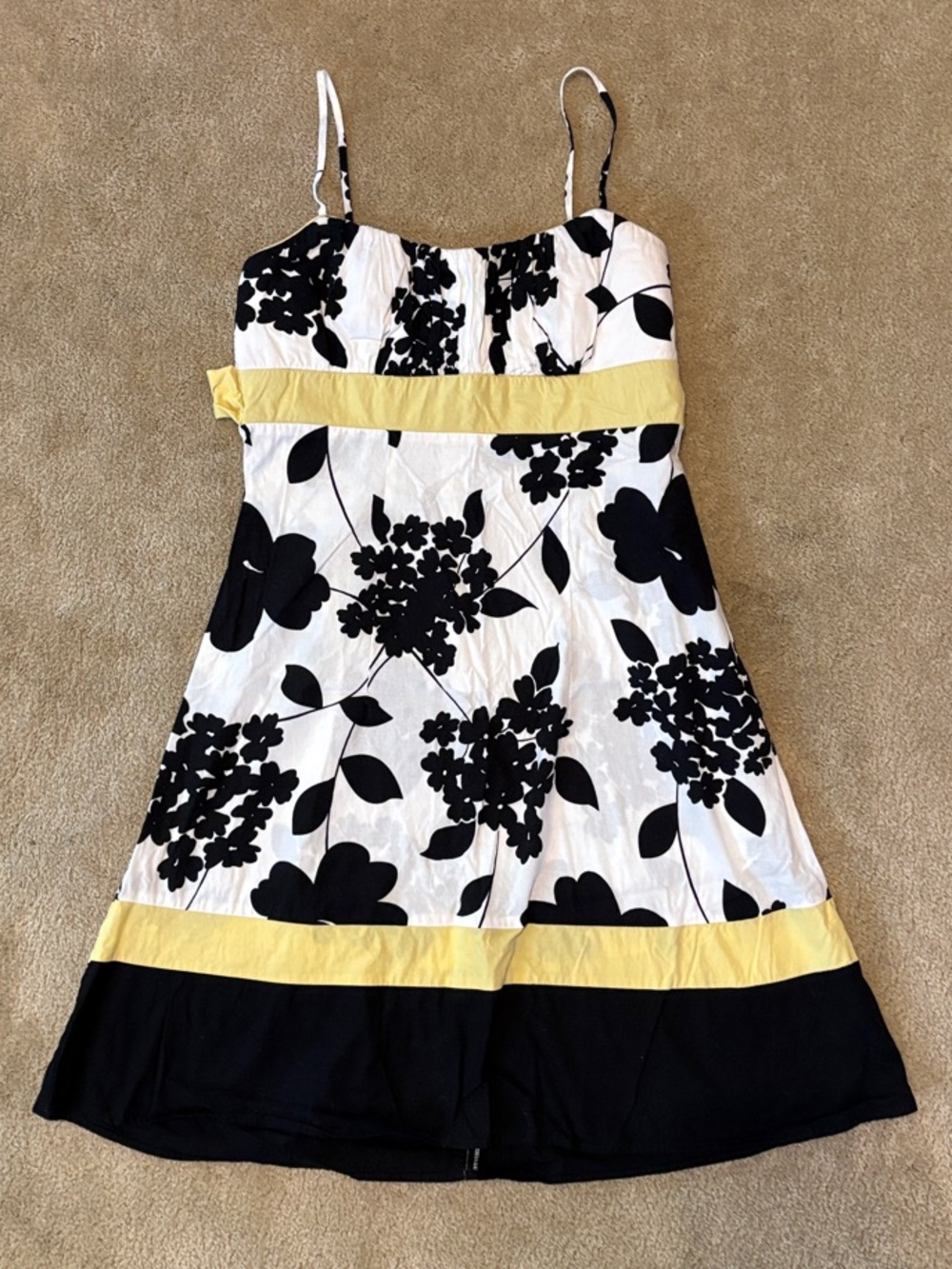 Trixxi Floral Spaghetti-Strap Dress in White, Black & Yellow Tie Bow